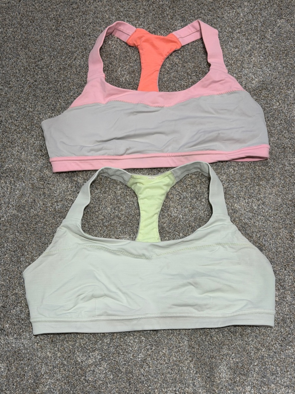 2 Lululemon Hook Me Up Sports Bras - Pink/Dune and Light Green